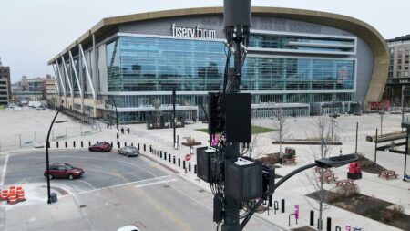 Equipment is affixed to a light pole outside Fiserv Forum in Milwaukee on Monday, March 4, 2024. © Mike De Sisti / The Milwaukee Journal Sentinel / USA TODAY NETWORK