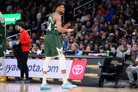 Apr 2, 2024; Washington, District of Columbia, USA; Milwaukee Bucks forward Giannis Antetokounmpo (34) reacts during the second quarter against the Washington Wizards at Capital One Arena. Mandatory Credit: Reggie Hildred-USA TODAY Sports
