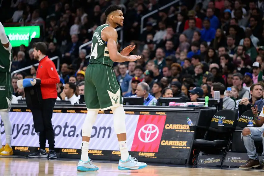Apr 2, 2024; Washington, District of Columbia, USA; Milwaukee Bucks forward Giannis Antetokounmpo (34) reacts during the second quarter against the Washington Wizards at Capital One Arena. Mandatory Credit: Reggie Hildred-USA TODAY Sports