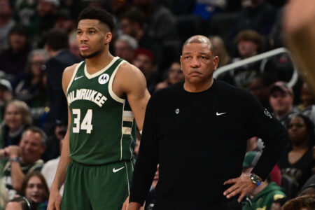 Apr 3, 2024; Milwaukee, Wisconsin, USA; Milwaukee Bucks head coach Doc Rivers and forward Giannis Antetokounmpo (34) looks on in the fourth quarter against the Memphis Grizzlies at Fiserv Forum. Mandatory Credit: Benny Sieu-USA TODAY Sports