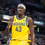 Apr 14, 2024; Indianapolis, Indiana, USA; Indiana Pacers forward Pascal Siakam (43) reacts to a foul and made basket in the first half against the Atlanta Hawks at Gainbridge Fieldhouse. Mandatory Credit: Trevor Ruszkowski-USA TODAY Sports