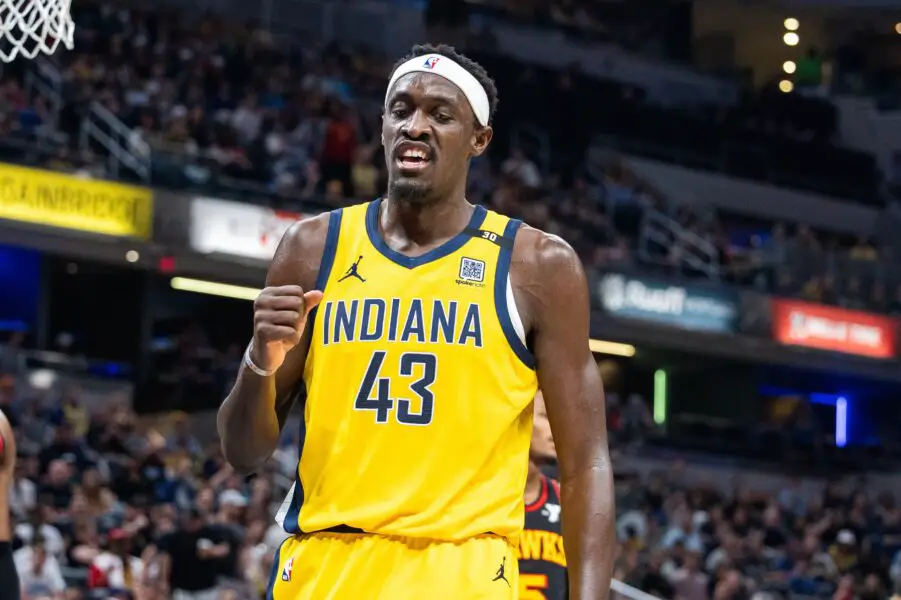 Apr 14, 2024; Indianapolis, Indiana, USA; Indiana Pacers forward Pascal Siakam (43) reacts to a foul and made basket in the first half against the Atlanta Hawks at Gainbridge Fieldhouse. Mandatory Credit: Trevor Ruszkowski-USA TODAY Sports