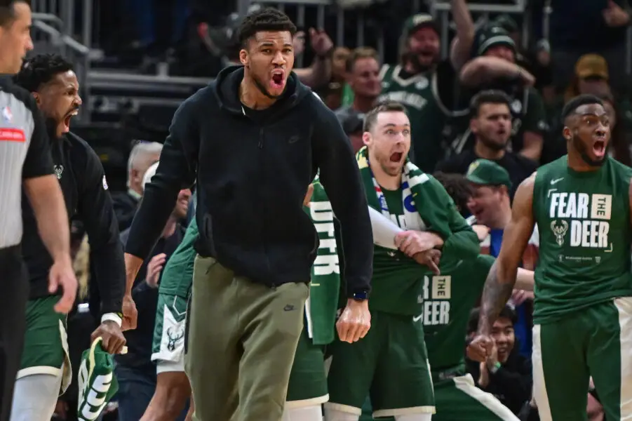 Apr 21, 2024; Milwaukee, Wisconsin, USA; Milwaukee Bucks forward Giannis Antetokounmpo (34) reacts in the fourth quarter against the Indiana Pacers during game one of the first round for the 2024 NBA playoffs at Fiserv Forum. Mandatory Credit: Benny Sieu-USA TODAY Sports