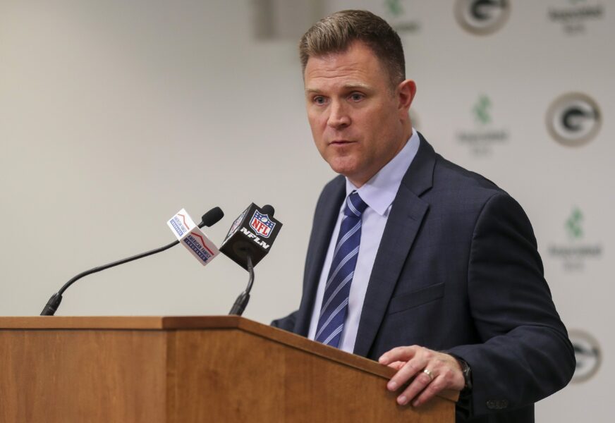 Green Bay Packers general manager Brian Gutekunst addresses the media after the first round of the 2024 NFL draft on Tuesday, April 23, 2024, at Lambeau Field in Green Bay, Wis. The Packers selected Arizona offensive tackle Jordan Morgan with the 25th pick. Tork Mason/USA TODAY NETWORK-Wisconsin