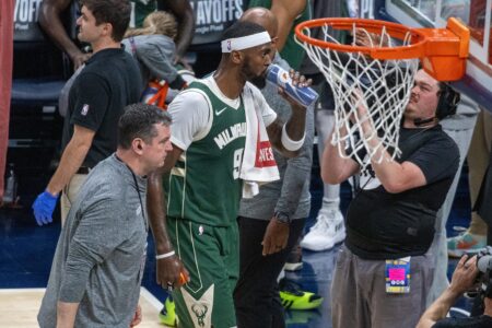 Apr 28, 2024; Indianapolis, Indiana, USA; Milwaukee Bucks forward Bobby Portis (9) is ejected during game four of the first round for the 2024 NBA playoffs against the Indiana Pacers at Gainbridge Fieldhouse. Mandatory Credit: Trevor Ruszkowski-USA TODAY Sports