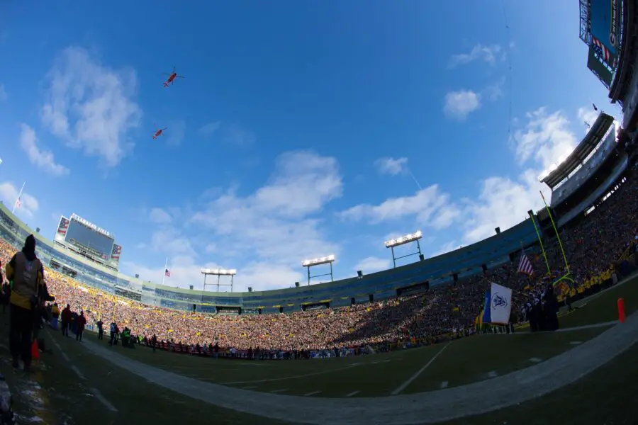 Dec 23, 2012; Green Bay, WI, USA; Coast Guard helicopters fly over Lambeau Field prior to the game between the Tennessee Titans and Green Bay Packers. The Packers won 55-7. Mandatory Credit: Jeff Hanisch-USA TODAY Sports