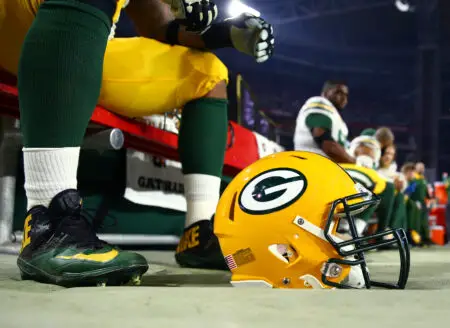 Jan 16, 2016; Glendale, AZ, USA; Detailed view of a Green Bay Packers helmet against the Arizona Cardinals during the NFC Divisional round playoff game at University of Phoenix Stadium. Mandatory Credit: Mark J. Rebilas-USA TODAY Sports