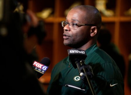 Ben Sirmans, running backs coach for the Green Bay Packers, speaks to media on Feb. 18, 2019, at Lambeau Field in Green Bay, Wis. © Sarah Kloepping/USA TODAY NETWORK-Wis