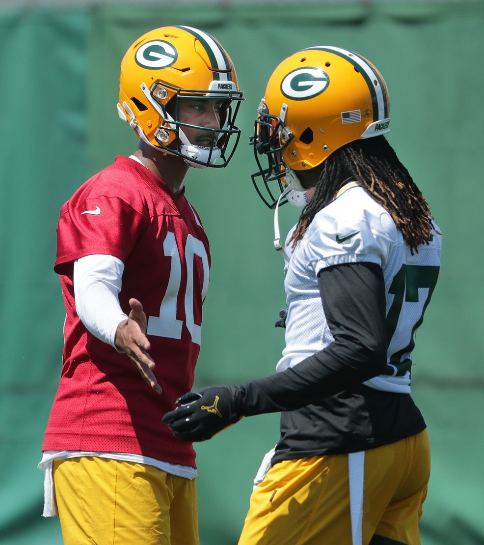 Green Bay Packers quarterback Jordan Love (10) and wide receiver Davante Adams (17) are shown during a mandatory minicamp Tuesday, June 8, 2021 in Green Bay, Wis. © Mark Hoffman/Milwaukee Journal Sentinel via Imagn Content Services, LLC