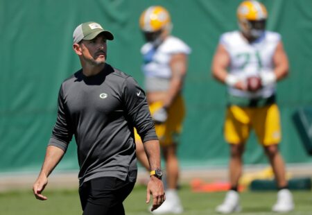 Green Bay Packers head coach Matt LaFleur participates in organized team activities Tuesday, June 15, 2021, in Green Bay, Wis. © Dan Powers/USA TODAY NETWORK-Wisconsin via Imagn Content Services, LLC