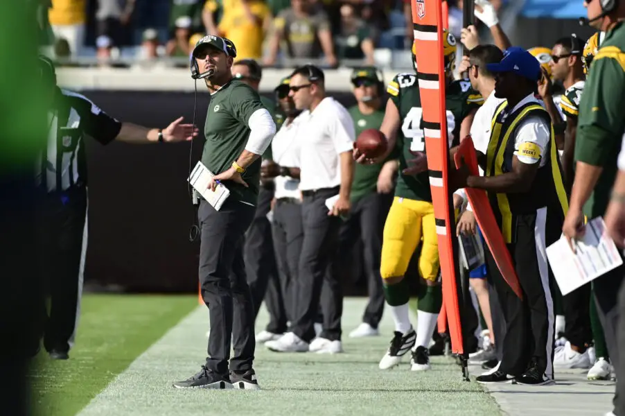 Sep 12, 2021; Jacksonville, Florida, USA; Green Bay Packers head coach Matt LaFleur looks down the sidelines during the second quarter New Orleans Saints at TIAA Bank Field. Mandatory Credit: Tommy Gilligan-USA TODAY Sports