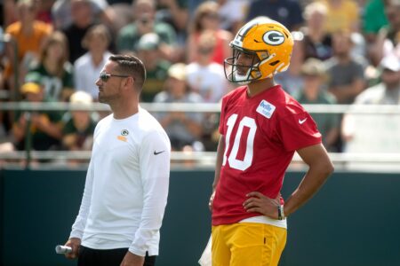 Green Bay Packers head coach Matt LaFleur and quarterback Jordan Love (10) participate in Packers training camp on Wednesday, July 27, 2022, at Ray Nitschke Field in Ashwaubenon, Wisconsin. Samantha Madar/USA TODAY NETWORK-Wis
