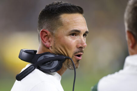 Aug 19, 2022; Green Bay, Wisconsin, USA; Green Bay Packers head coach Matt LaFleur during the game against the New Orleans Saints at Lambeau Field. Mandatory Credit: Jeff Hanisch-USA TODAY Sports