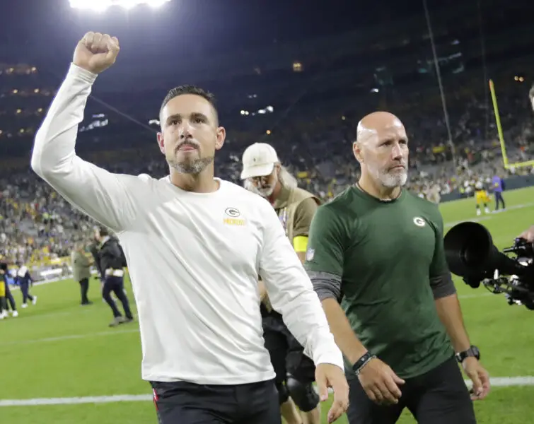 Sep 18, 2022; Green Bay, Wisconsin, USA; Green Bay Packers head coach Matt LaFleur acknowledges the crowd as he leaves the field after defeating the Chicago Bears during their football game at Lambeau Field. Mandatory Credit: Dan Powers/USA TODAY NETWORK-Wisconsin
