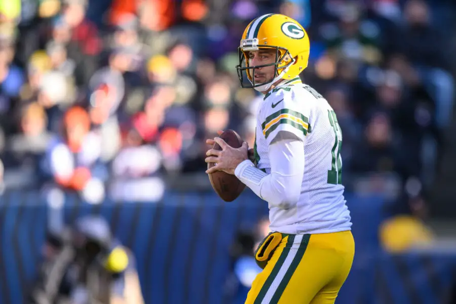 Dec 4, 2022; Chicago, Illinois, USA; Green Bay Packers quarterback Aaron Rodgers (12) looks to pass in the first quarter against the Chicago Bears at Soldier Field. Mandatory Credit: Daniel Bartel-USA TODAY Sports