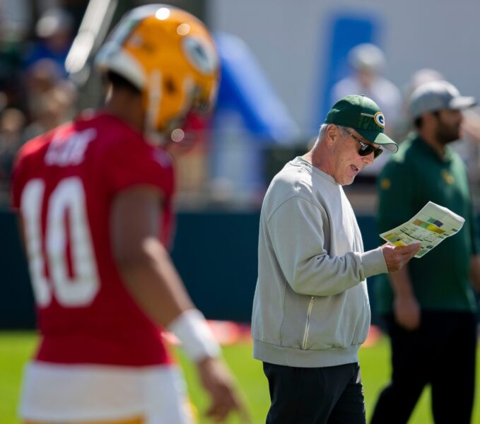 Green Bay Packers quarterbacks coach Tom Clements gives instructions to the players during practice on Saturday, July 29, 2023, at Ray Nitschke Field in Green Bay, Wis. Tork Mason/USA TODAY NETWORK-Wisconsin