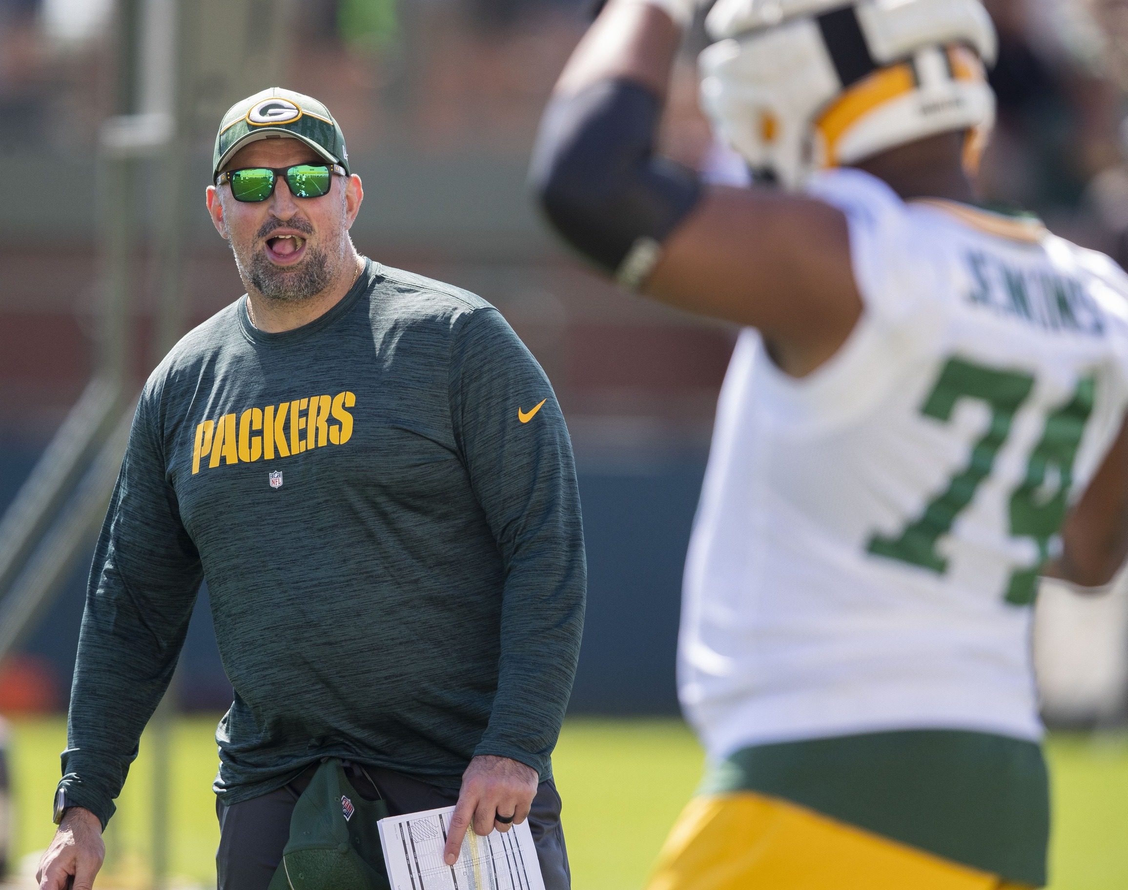 Breaking: Packers' Offensive Coordinator Adam Stenavich Interviewing With AFC Team (Report) 2 Jul 29, 2023; Green Bay, Wisconsin, USA; Green Bay Packers offensive coordinator Adam Stenavich gives feedback to guard Elgton Jenkins (74) during practice at Ray Nitschke Field. Mandatory Credit: Tork Mason-USA TODAY Sports