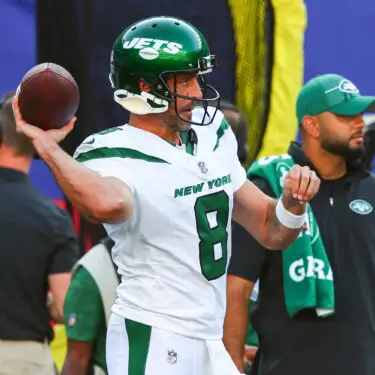 Aug 26, 2023; East Rutherford, New Jersey, USA; New York Jets quarterback Aaron Rodgers (8) during pregame warmups for their game against the New York Giants at MetLife Stadium. Mandatory Credit: Ed Mulholland-USA TODAY Sports
