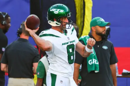 Aug 26, 2023; East Rutherford, New Jersey, USA; New York Jets quarterback Aaron Rodgers (8) during pregame warmups for their game against the New York Giants at MetLife Stadium. Mandatory Credit: Ed Mulholland-USA TODAY Sports