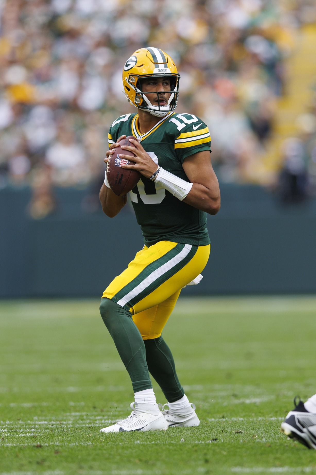 Sep 24, 2023; Green Bay, Wisconsin, USA; Green Bay Packers quarterback Jordan Love (10) during the game against the New Orleans Saints at Lambeau Field. Mandatory Credit: Jeff Hanisch-USA TODAY Sports