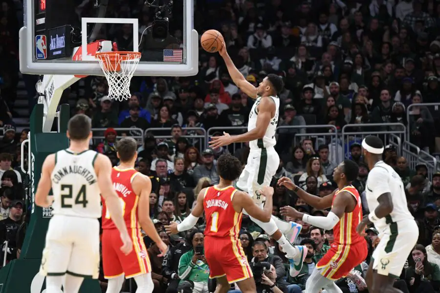 Oct 29, 2023; Milwaukee, Wisconsin, USA; Milwaukee Bucks forward Giannis Antetokounmpo (34) drives to the basket against the Atlanta Hawks in the second half at Fiserv Forum. Mandatory Credit: Michael McLoone-USA TODAY Sports