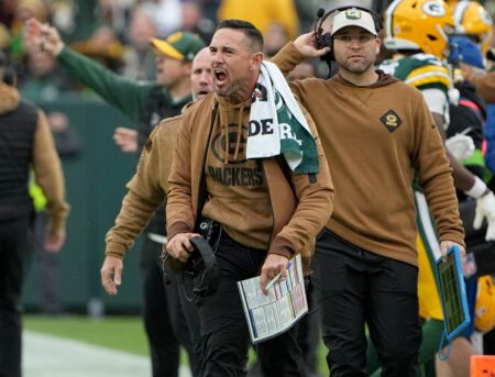 Green Bay Packers head coach Matt LaFleur is upset after an offside penalty on fourth down during the second quarter of their game against the Los Angeles Rams at Lambeau Field Sunday, November 5, 2023 in Green Bay, Wisconsin. © Mark Hoffman/Milwaukee Journal Sentinel / USA TODAY NETWORK