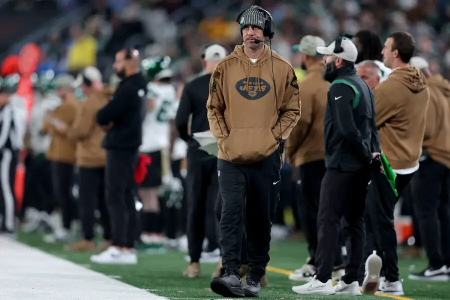 Nov 6, 2023; East Rutherford, New Jersey, USA; New York Jets injured quarterback Aaron Rodgers reacts during the fourth quarter against the Los Angeles Chargers at MetLife Stadium. Mandatory Credit: Brad Penner-USA TODAY Sports