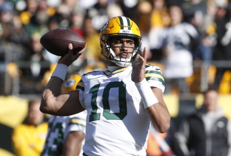 Nov 12, 2023; Pittsburgh, Pennsylvania, USA; Green Bay Packers quarterback Jordan Love (10) passes against the Pittsburgh Steelers during the first quarter at Acrisure Stadium. Mandatory Credit: Charles LeClaire-USA TODAY Sports
