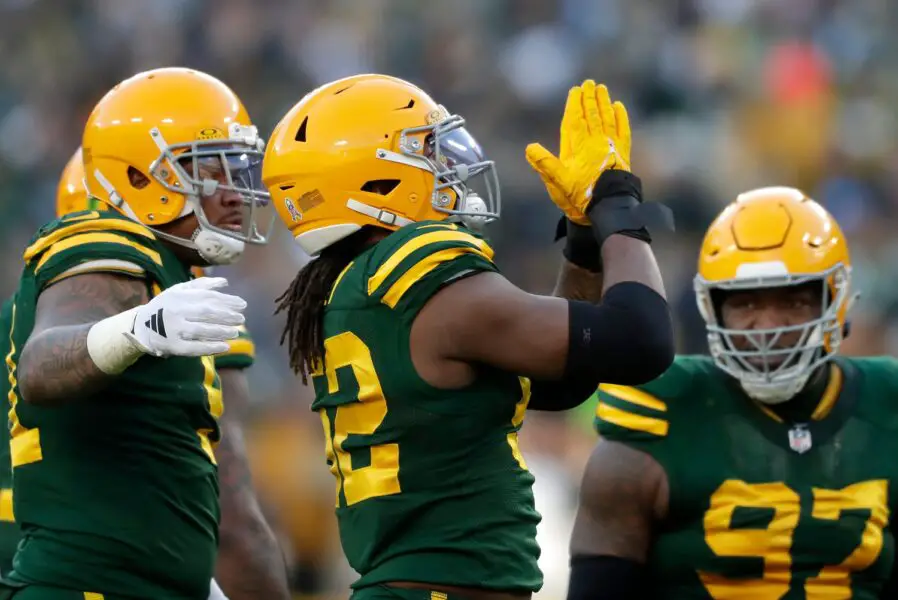 Green Bay Packers linebacker Rashan Gary (52) reacts after sacking Los Angeles Chargers quarterback Justin Herbert (10) against the Los Angeles Chargers during their football game Sunday, November 19, 2023, at Lambeau Field in Green Bay, Wis. The Packers defeated the Chargers 23-20. Wm. Glasheen USA TODAY NETWORK-Wisconsin