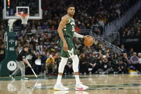 Jan 1, 2024; Milwaukee, Wisconsin, USA; Milwaukee Bucks forward Giannis Antetokounmpo (34) brings the ball up court against the Indiana Pacers during the first half at Fiserv Forum. Mandatory Credit: Kamil Krzaczynski-USA TODAY Sports