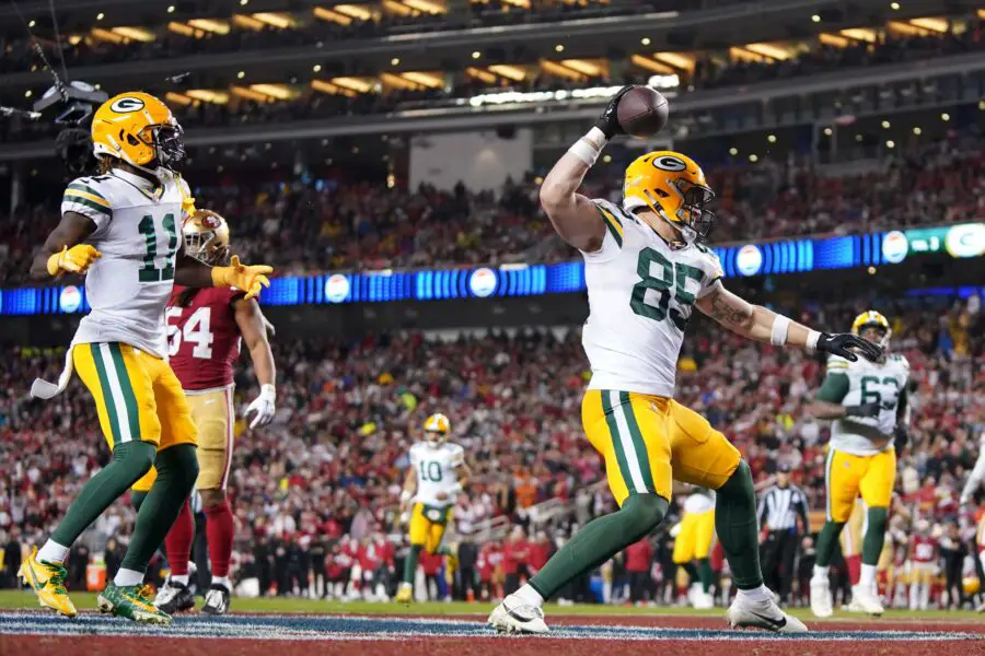 January 20, 2024; Santa Clara, CA, USA; Green Bay Packers tight end Tucker Kraft (85) celebrates after scoring a touchdown against the San Francisco 49ers during the third quarter in a 2024 NFC divisional round game at Levi's Stadium. Mandatory Credit: Kyle Terada-USA TODAY Sports