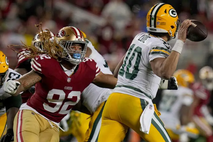 San Francisco 49ers defensive end Chase Young (92) pressures Green Bay Packers quarterback Jordan Love (10) during the third quarter of their NFC divisional playoff game Saturday, January 20, 2024 at Levi’ Stadium in Santa Clara, California. The San Francisco 49ers beat the Green Bay Packers 24-21. © Mark Hoffman / Milwaukee Journal Sentinel / USA TODAY NETWORK