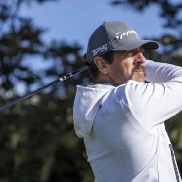 February 2, 2024; Pebble Beach, California, USA; New York Jets quarterback Aaron Rodgers hits his tee shot on the 16th hole during the second round of the AT&T Pebble Beach Pro-Am golf tournament at Pebble Beach Golf Links. Mandatory Credit: Kyle Terada-USA TODAY Sports