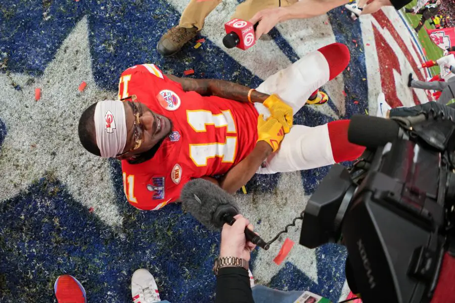 Feb 11, 2024; Paradise, Nevada, USA; Kansas City Chiefs wide receiver Marquez Valdes-Scantling (11) celebrates after winning Super Bowl LVIII against the San Francisco 49ersat Allegiant Stadium. Mandatory Credit: Kirby Lee-USA TODAY Sports (Green Bay Packers)