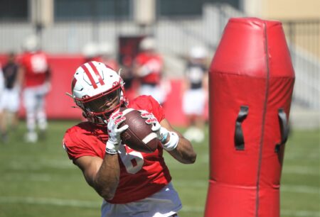 Wisconsin receiver Will Pauling makes a catch during spring practice outside Camp Randall Stadium in Madison, Wisconsin on Saturday April 13, 2024.