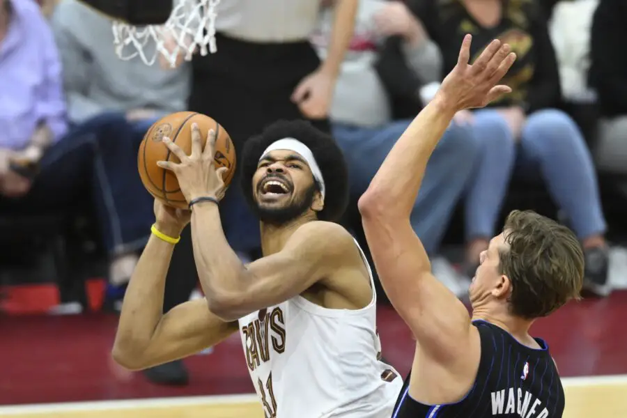 Apr 20, 2024; Cleveland, Ohio, USA; Cleveland Cavaliers center Jarrett Allen (31) looks to the basket beside Orlando Magic center Moritz Wagner (21) in the fourth quarter during game one of the first round for the 2024 NBA playoffs at Rocket Mortgage FieldHouse. Mandatory Credit: David Richard-USA TODAY Sports