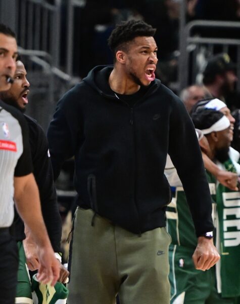 Apr 21, 2024; Milwaukee, Wisconsin, USA; Milwaukee Bucks forward Giannis Antetokounmpo (34) reacts late in the fourth quarter against the Indiana Pacers during game one of the first round for the 2024 NBA playoffs at Fiserv Forum. Mandatory Credit: Benny Sieu-USA TODAY Sports