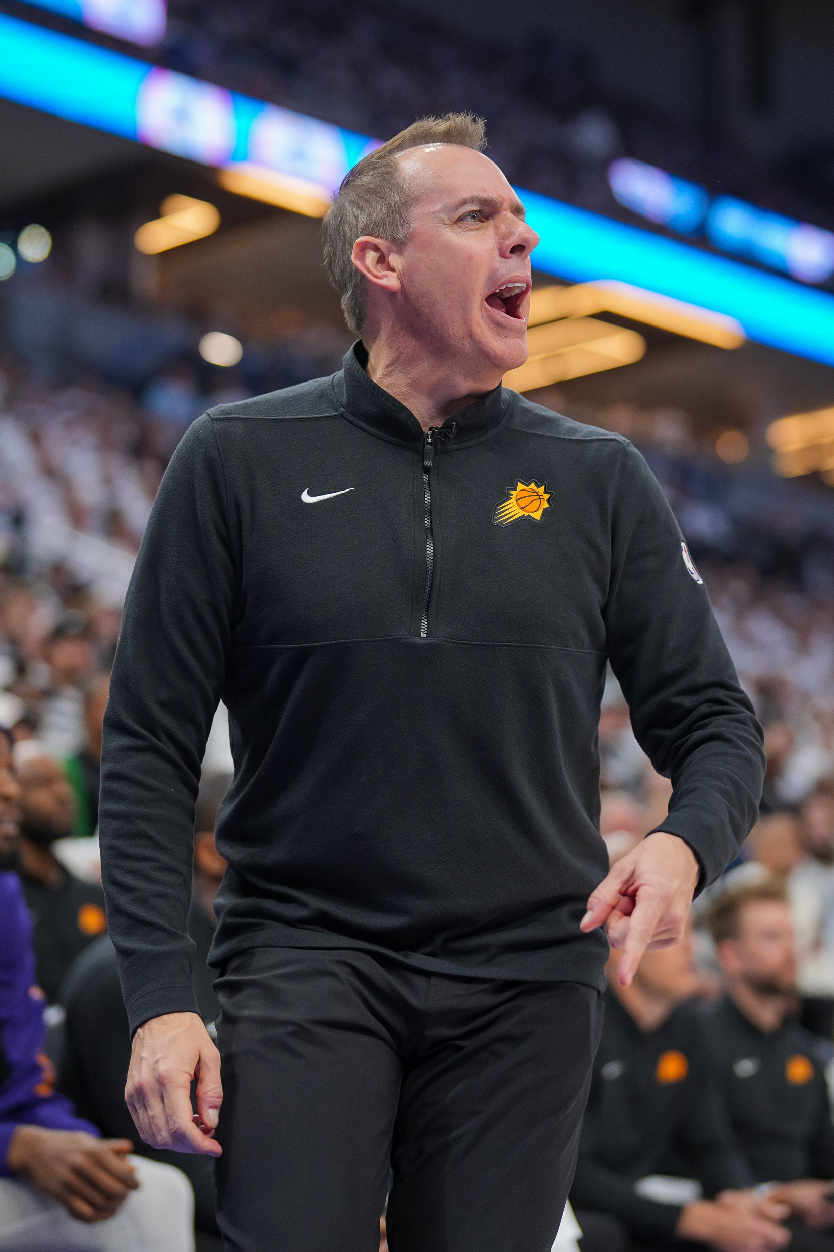 Apr 23, 2024; Minneapolis, Minnesota, USA; Phoenix Suns head coach Frank Vogel looks on against the Minnesota Timberwolves in the second quarter during game two of the first round for the 2024 NBA playoffs at Target Center. Mandatory Credit: Brad Rempel-USA TODAY Sports