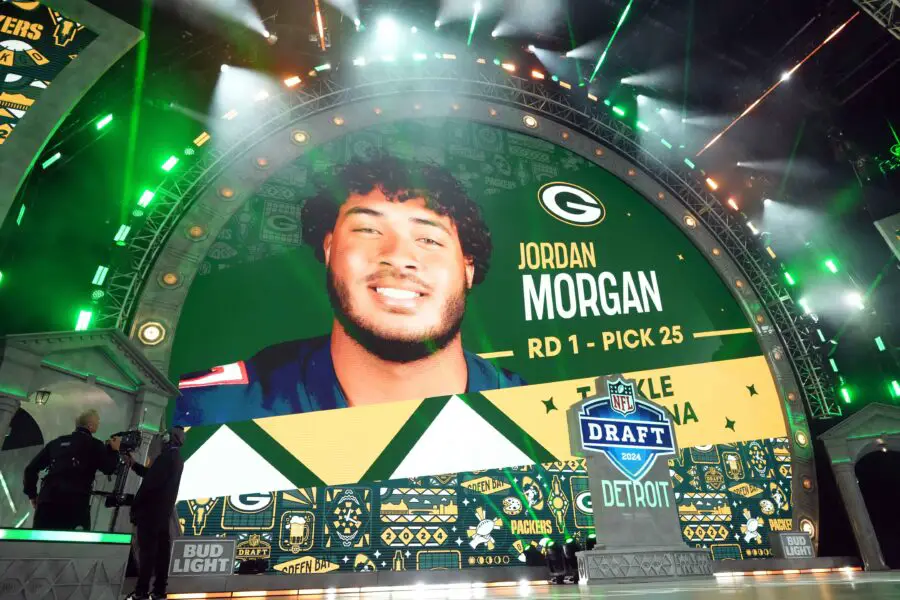 Apr 25, 2024; Detroit, MI, USA; Arizona Wildcats tackle Jordan Morgan is selected as the No 25 pick in the first round the Green Bay Packers during the 2024 NFL Draft at Campus Martius Park and Hart Plaza. Mandatory Credit: Kirby Lee-USA TODAY Sports