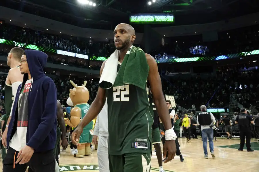 Apr 30, 2024; Milwaukee, Wisconsin, USA; Milwaukee Bucks forward Khris Middleton (22) walks off the court following the game against the Indiana Pacers during game five of the first round for the 2024 NBA playoffs at Fiserv Forum. Mandatory Credit: Jeff Hanisch-USA TODAY Sports