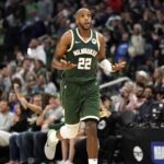 Apr 30, 2024; Milwaukee, Wisconsin, USA; Milwaukee Bucks forward Khris Middleton (22) reacts after scoring a basket during the fourth quarter against the Indiana Pacers during game five of the first round for the 2024 NBA playoffs at Fiserv Forum. Mandatory Credit: Jeff Hanisch-USA TODAY Sports