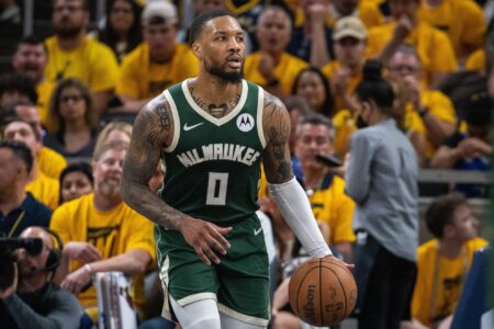 May 2, 2024; Indianapolis, Indiana, USA; Milwaukee Bucks guard Damian Lillard (0) dribbles the ball during game six of the first round for the 2024 NBA playoffs against the Indiana Pacers at Gainbridge Fieldhouse. Mandatory Credit: Trevor Ruszkowski-USA TODAY Sports
