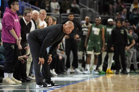 Apr 30, 2024; Milwaukee, Wisconsin, USA; Milwaukee Bucks head coach Doc Rivers during game five of the first round for the 2024 NBA playoffs against the Indiana Pacers at Fiserv Forum. Mandatory Credit: Jeff Hanisch-USA TODAY Sports