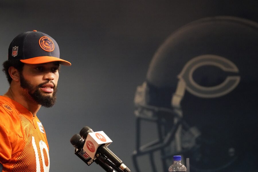 May 10, 2024; Lake Forest, IL, USA; Chicago Bears quarterback Caleb Williams during a press conference before Chicago Bears rookie minicamp at Halas Hall. Mandatory Credit: David Banks-USA TODAY Sports