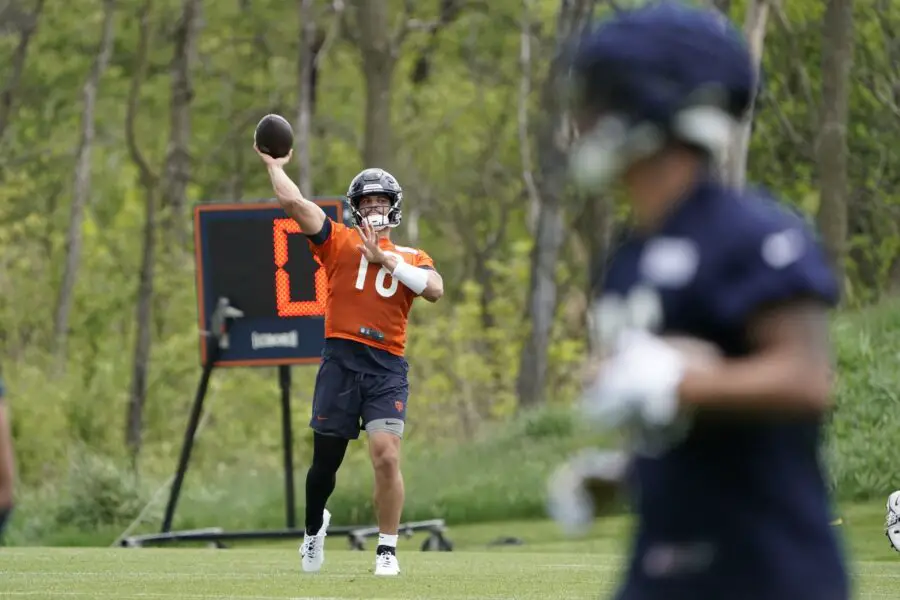 May 10, 2024; Lake Forest, IL, USA; Chicago Bears quarterback Caleb Williams throws the ball during Chicago Bears rookie minicamp at Halas Hall. Mandatory Credit: David Banks-USA TODAY Sports (Green Bay Packers Tom Brady)