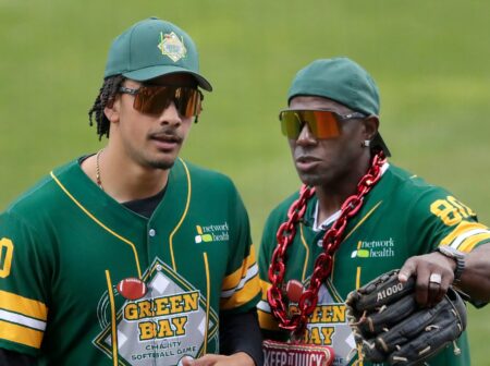 Jordan Love (10) and Donald Driver (80) during the Green Bay Charity Softball Game on Friday, May10, 2024 at Neuroscience Group Field at Fox Cities Stadium in Grand Chute, Wm. Glasheen USA TODAY NETWORK-Wisconsin