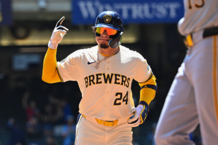 May 15, 2024; Milwaukee, Wisconsin, USA; Milwaukee Brewers designated hitter William Contreras (24) reacts after hitting a 3-run home run in the third inning against the Pittsburgh Pirates at American Family Field. Mandatory Credit: Benny Sieu-USA TODAY Sports