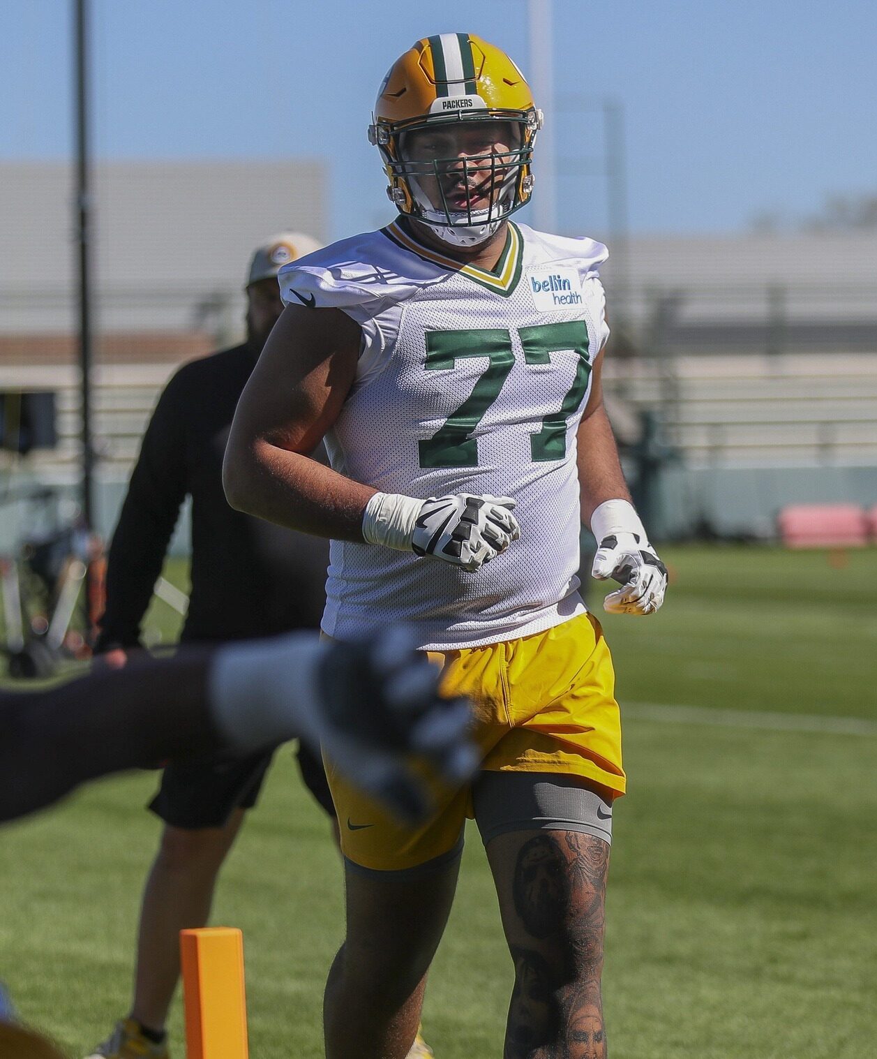 Green Bay Packers offensive lineman Jordan Morgan (77) runs through drills during rookie minicamp on Friday, May 3, 2024, at the Don Hutson Center in Green Bay, Wis. Tork Mason/USA TODAY NETWORK-Wisconsin