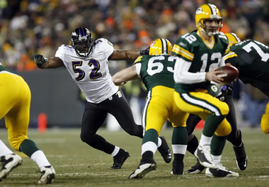 Dec 7, 2009; Green Bay, WI, USA; Baltimore Ravens linebacker Ray Lewis (52) drops back into coverage during the second quarter against the Green Bay Packers at Lambeau Field. The Packers won 27-14. Mandatory Credit: Jerry Lai-USA TODAY Sports