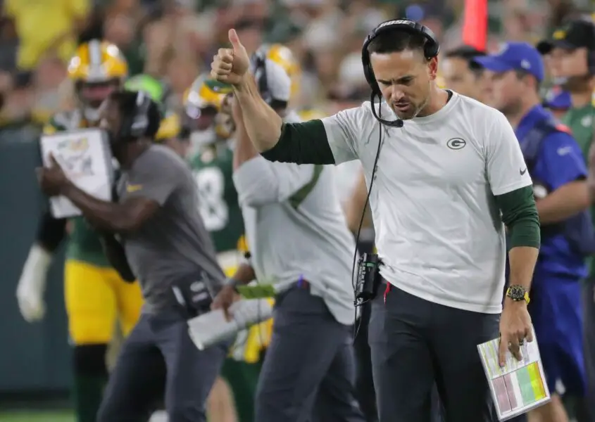 Green Bay Packers head coach Matt LaFleur reacts after Detroit Lions quarterback Jared Goff was called for intentionally grounding the ball during the second quarter of their game Monday, September 20, 2021 at Lambeau Field in Green Bay, Wis. The Green Bay Packers beat the Detroit Lions 35-17. © MARK HOFFMAN/MILWAUKEE JOURNAL SENTINEL via Imagn Content Services, LLC